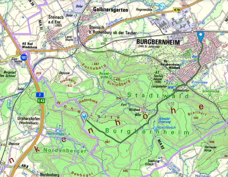 Route vom oberen Rathaus zum höchsten Punkt Burgbernheims