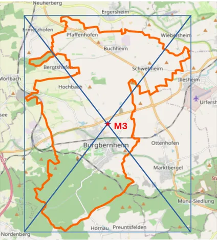 Mittelpunkt M3 des Gebietes der Stadt Burgbernheim
